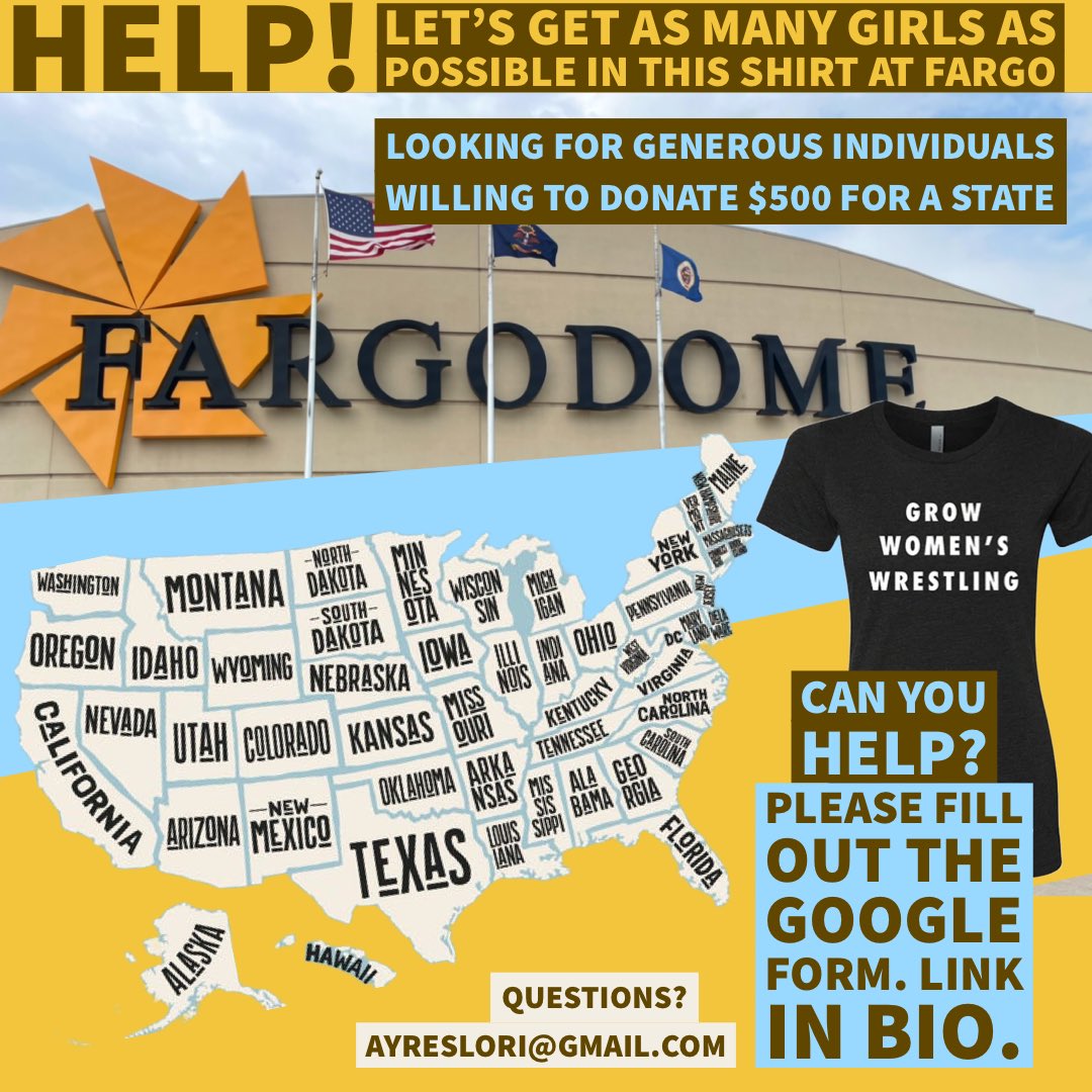 d1womenwrestle's tweet image. D1WW is organizing a campaign to get as many athletes as possible into a "Grow Women's Wrestling" T-shirt at Fargo.  Once we receive a $500 pledge for a state, we will send the USAW state organization a coupon code that they can use to purchase 25 shirts. 
forms.gle/JWmBjhfJJT7CYt…