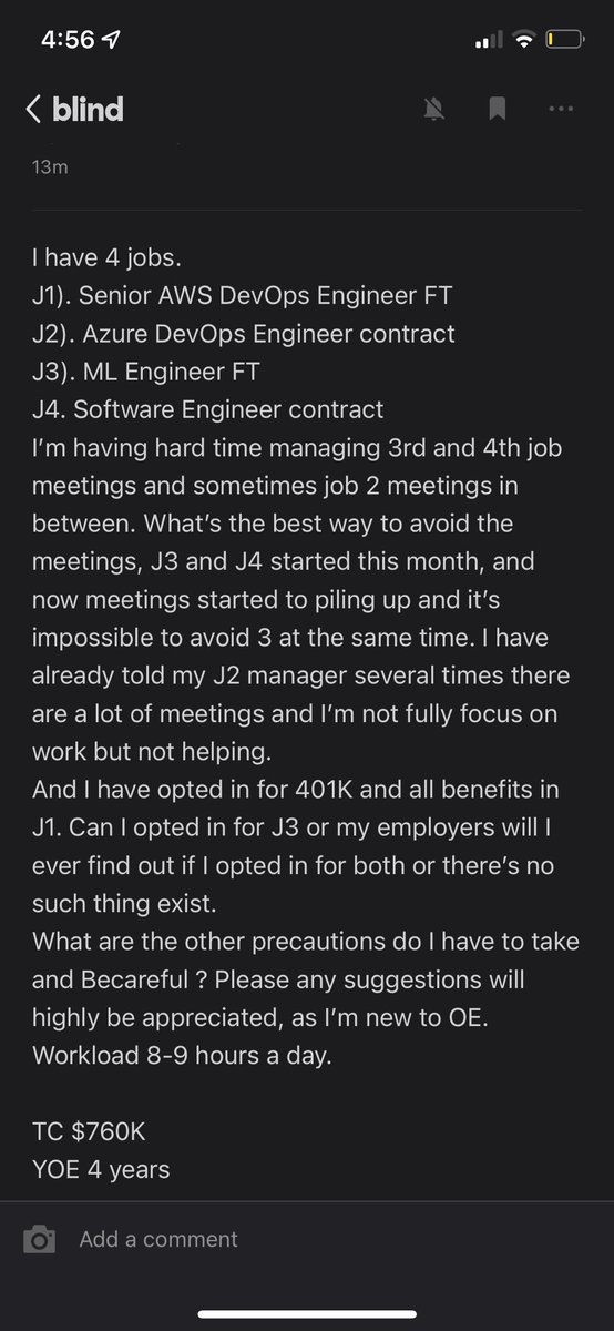 Learninganalyt3's tweet image. Person on blind claims they are working 4 jobs concurrently netting 800k a year. Lmao