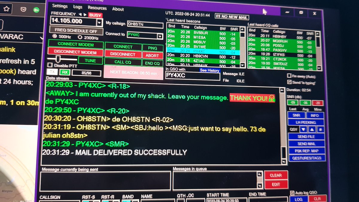 OH8STN's tweet photo. OK Operators. Y'all seriously need to try #varaac . The new mailbox functionality and VaraHF modem just took it over the top for HF Chat. South America from Scandinavia with 10 watts!
#oh8stn https://t.co/OYivzZeibd