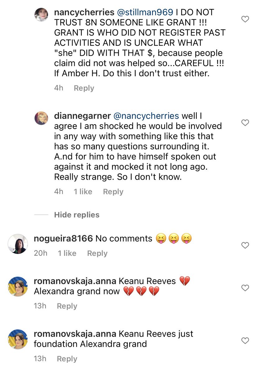Jessica07476852's tweet photo. Algunos de los comentarios en una página de IG que apoya a #keanureeves y #alexandragrant #prfailure #NFTs #boycottkeanureeves https://t.co/Vdu4Z7o2RS