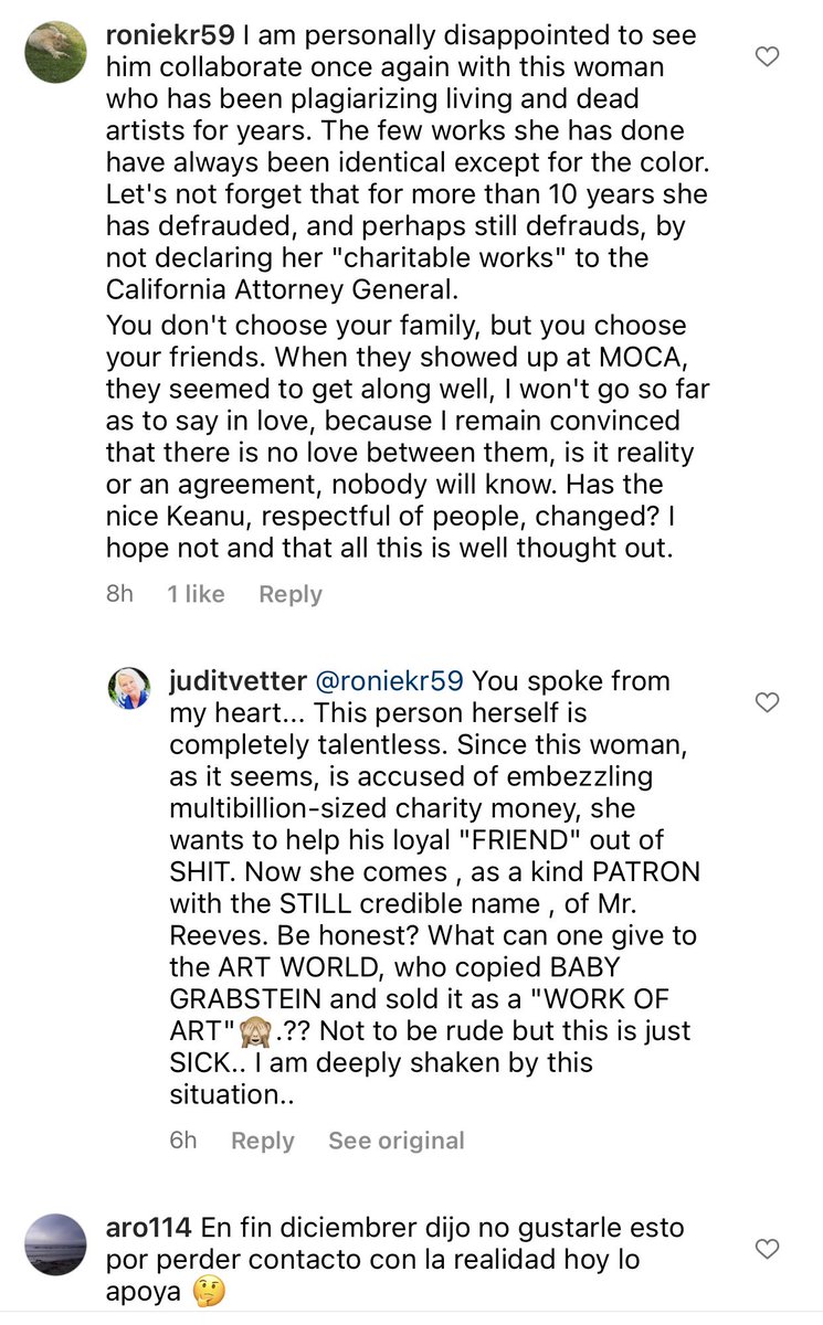Jessica07476852's tweet photo. Algunos de los comentarios en una página de IG que apoya a #keanureeves y #alexandragrant #prfailure #NFTs #boycottkeanureeves https://t.co/Vdu4Z7o2RS