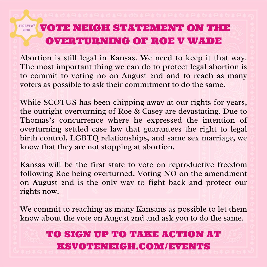 KSVoteNeigh's tweet photo. ABORTION IS STILL LEGAL IN KANSAS.
We need to keep it that way- the ONLY way to fight back and protect our rights now is to VOTE NO on August 2nd.
To sign up to take action, go to https://t.co/JUPk0ymFXr
#ksleg #votenoaug2 #voteneigh #roe #abortionishealthcare 1/6 https://t.co/8HSpQPFmbj