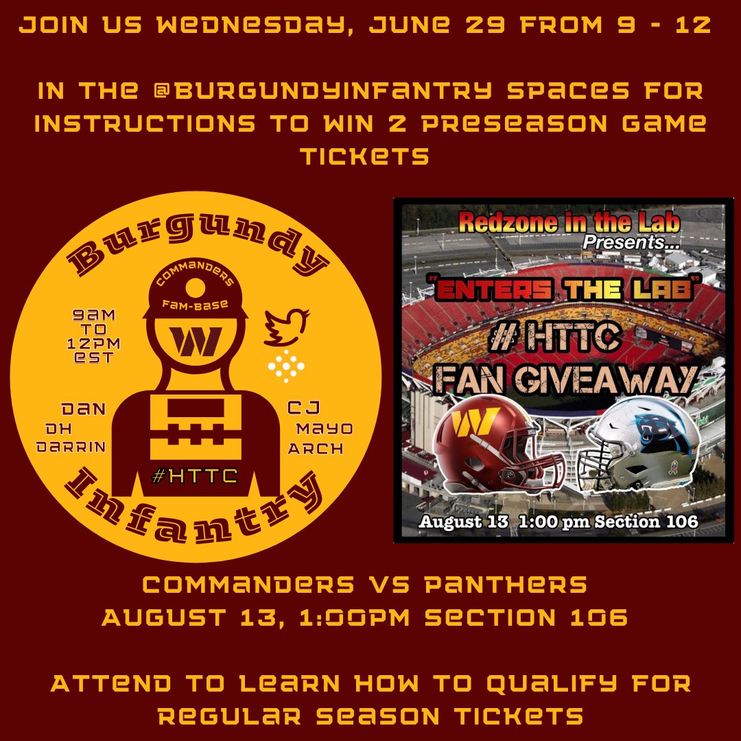 theHOGSIDE's tweet image. Join us Wednesday, June 29 from 9 - 12 in the @BurgundyInfantry Spaces for instructions to win 2 Preseason Game Tickets 

Commanders vs Panthers 
August 13, 1:00pm Section 106 

Attend to learn how to qualify for regular season tickets #BurgundyInfantry #HTTC @redzoneinthelab