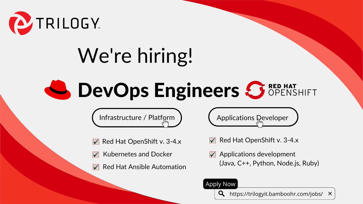 trilogyinnovinc's tweet photo. We're hiring #DevOpsEngineers with #RedHatOpenShift experience to support our @RedHat partners for #publicsector projects across the country, #remote, #hybridwork & #onsite.
#ApplicationsDevelopment #InfrastructureArchitecture
Apply Today!🔗https://t.co/GsQTNH9G0x https://t.co/XWnV35IcJh