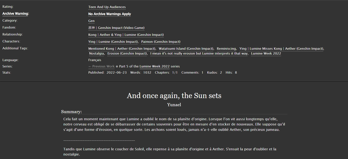 FeliYunael's tweet photo. And one again, the Sun sets

1.032 mots
#LumineWeek2022 

https://t.co/jL68KGdhLq https://t.co/Dlo5Yx8VtD