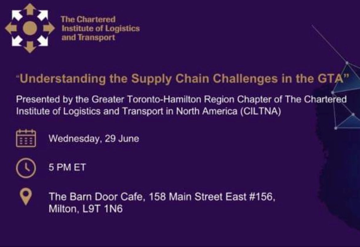 MiltonChamber's tweet image. Join the Greater Toronto-Hamilton Region Chapter of The Chartered Institute of Logistics and Transport for “Understanding the Supply Chain Challenges in the GTA” on June 29 @barndoorstudio2. 

Register at: ow.ly/XXj450JG5My