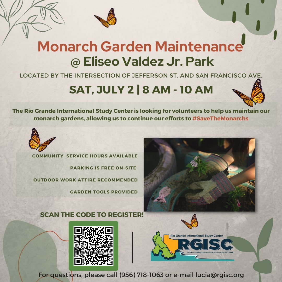 RGISCLaredo's tweet photo. Round 2 of our garden maintenance is scheduled for next SAT, July 2 @ Eliseo Valdez Park! 🦋 
We’re looking for volunteers who enjoy getting down &amp; dirty w/ gardening! Will you join us and help #SaveTheMonarchs? 🌻 
Link in our bio to sign up! 🔗
#rgisclaredo #monarchconservation https://t.co/lA8BL3Wo9A