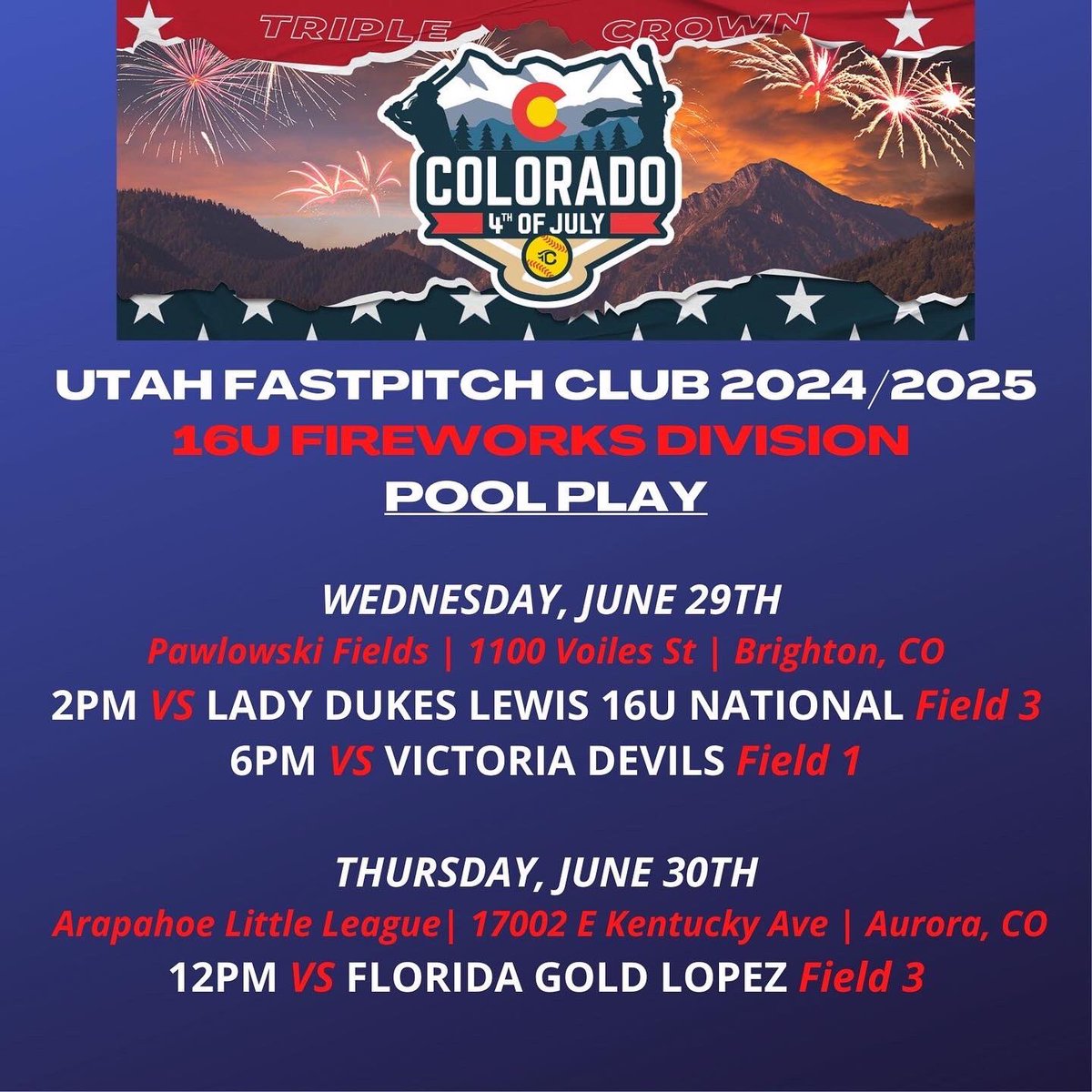 UFC_2024_2025's tweet photo. T-minus 5 days until we take the field in Colorado! Excited to be competing in the💥Fireworks Division💥with great teams.*Updated roster for Colorado! Adding depth & power to our pitching staff & lineup. Good to have you, Bella and Sydney!
#utahfastpitchclub
#goUFC
#COSparkFire https://t.co/s7tXZ8iO8Y