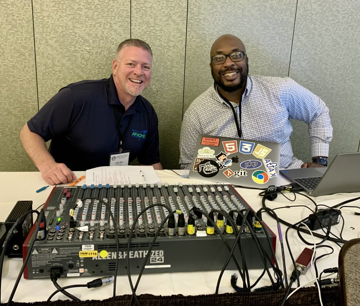 AFSCMECT4's tweet photo. Shout out to @AFSCMECT4 IT & Facilities Associate Director
Jonny Dailey (right) who is running the soundboard during the @ConnAFLCIO Convention. With Jody Barr, C4 Executive Director #CTLabor22 https://t.co/egoP298Ik3