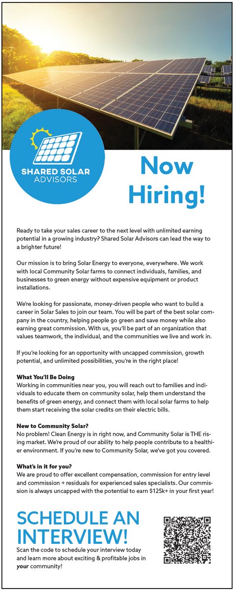 Shared Solar Advisors is #nowhiring motivated #local people who want unlimited earning potential in #SouthernMaine! Scan the QR code to schedule your interview today! #jobposting #jobposting #mainejobs #southernmainejobs #communitysolar #sharedsolaradvisors #keepitlocalmaine