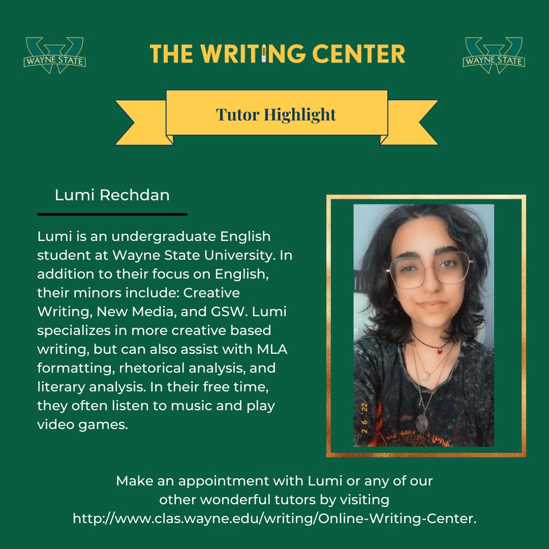 This month, we invite you to meet our new intern, Lumi Rechdan! They specialize in creative writing, but can also help with MLA formatting, literary analysis, and more. 

Make an appointment with Lumi or any of our other awesome tutors by visiting bit.ly/2Zjf30t.