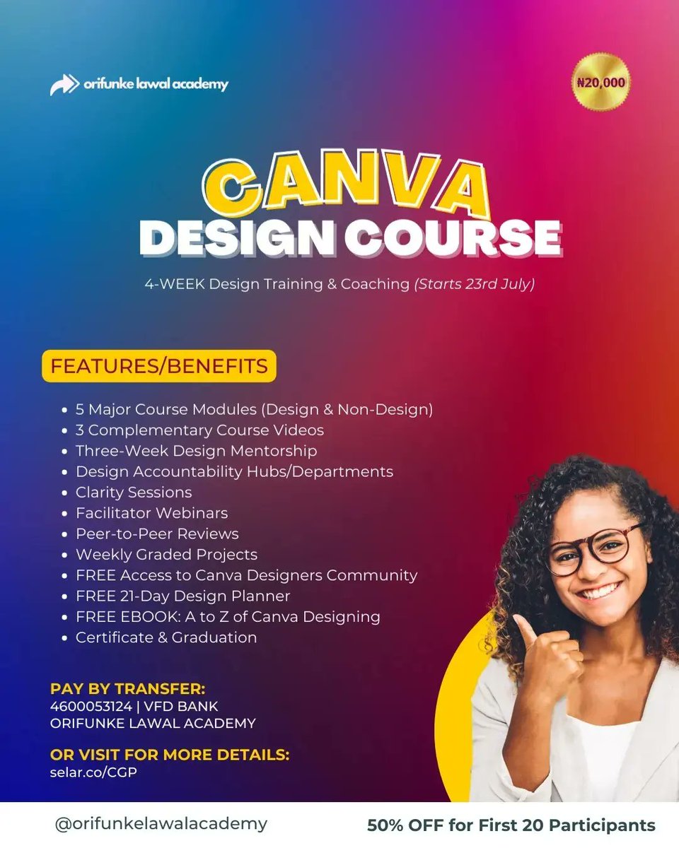 Orifunke's tweet photo. Over 300 students have signed up for my one-month Canva Design course where I train and coach on how to design various kinds of graphics with Canva. 

I am glad to announce that enrollments are now open into the NINTH cohort of the Canva Growth Program 😁

Please RT. https://t.co/Shia1ixRLv