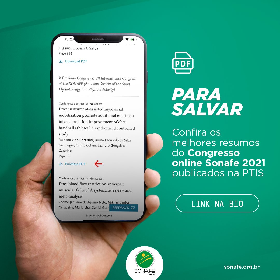 📌 Salve essa dica para acessar os melhores resumos do Congresso On-line Sonafe de 2021 publicados na Physical Therapy in Sport - PTIS. 

CONFIRA! 
sciencedirect.com/journal/physic…

#sonafebrasil #fisioterapia #fisioterapiaesportiva #physicaltherapyinsports #artigo #evidenciacientifica