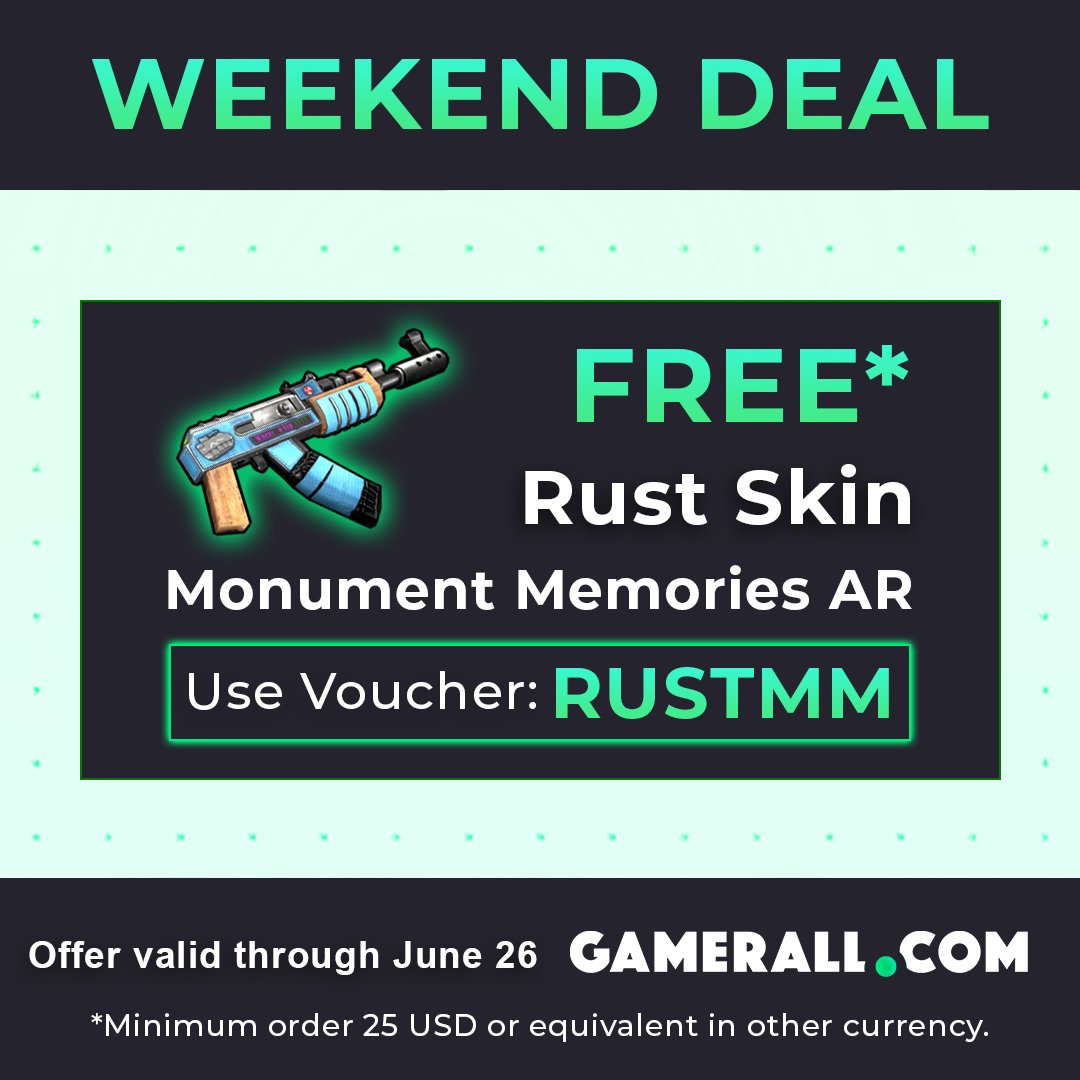⏳Limited time offer!

✅Order for more than 25 USD and apply voucher RUSTMM to grab a 🎁Free Rust skin - Monument Memories AR!

🛒Shop Now:gamerall.com/?utm_source=tw… 

#GamerAll #Rust #CSGO