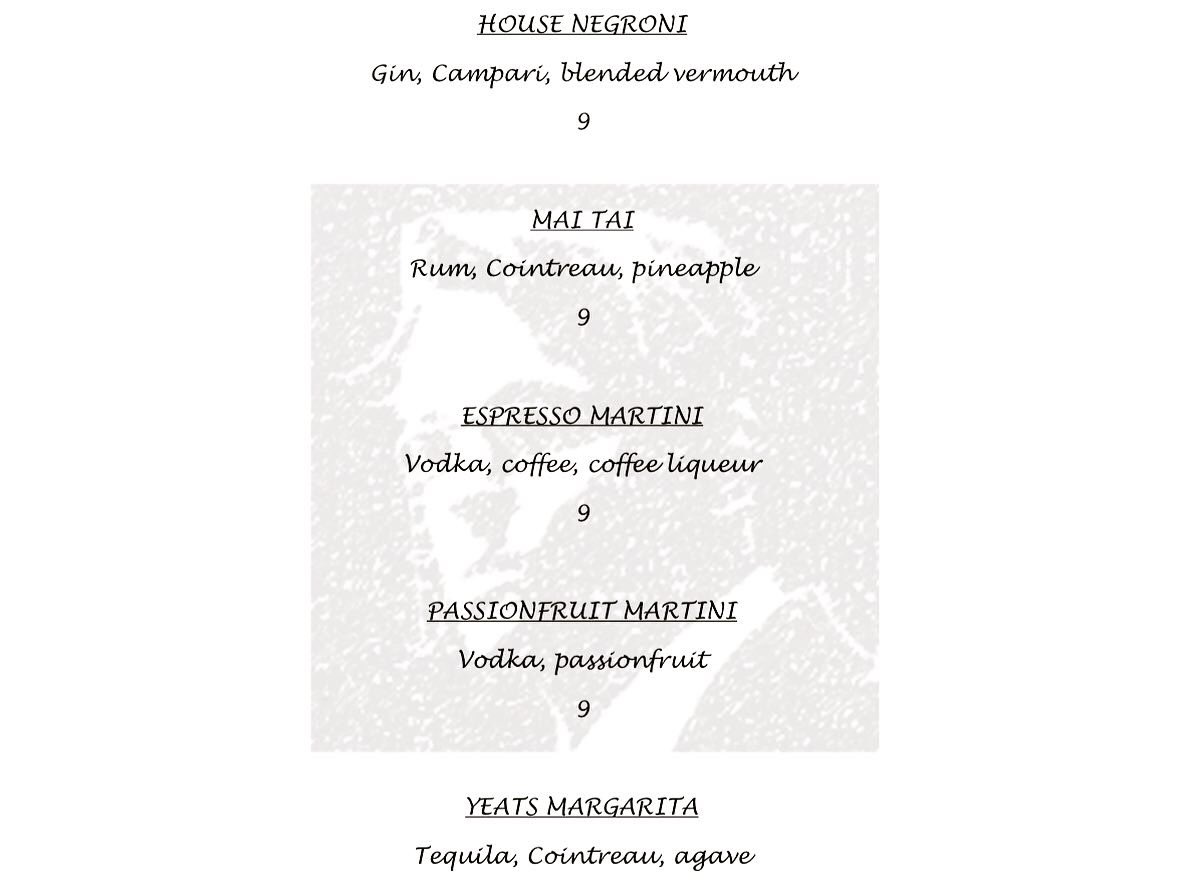 Brand new cocktail menu at the YEATS!
With a very special offer running!