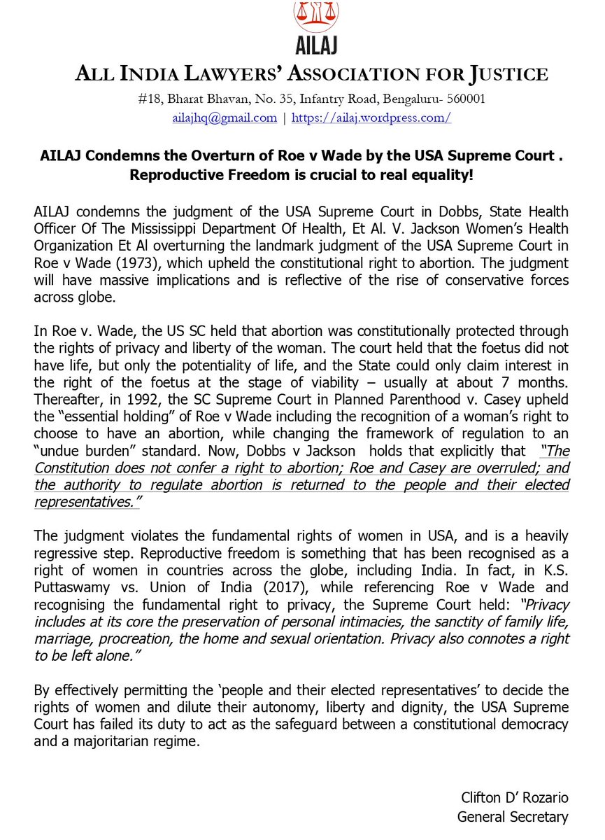 AilajHq's tweet photo. AILAJ condemns the overturn of Roe v Wade by the USA SC. By permitting 'the people’ to decide rights of women &amp; dilute their autonomy, liberty &amp; dignity, the USA SC has failed its duty to act as the safeguard between a constitutional democracy &amp; a majoritarian regime

#RoeVsWade https://t.co/UBEY9yCpWE