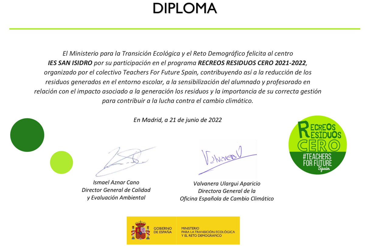 Hemos recibido un certificado del Ministerio de Transición ecológica de un proyecto aprendizaje-servicio que hemos llevado a cabo 2ºBach B en Ciencias de la Tierra y Medioambiente.#recreosresiduocero