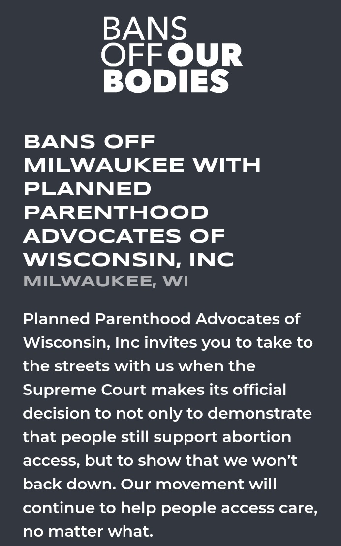 LeadersKenosha's tweet photo. 6/24/22 - MKE, WI
Planned Parenthood Advocates of Wisconsin, Inc invites you to take to the streets with us. Our movement will continue to help people access care, no matter what.

https://t.co/icABGfR1AF https://t.co/avHPwZ2hBY