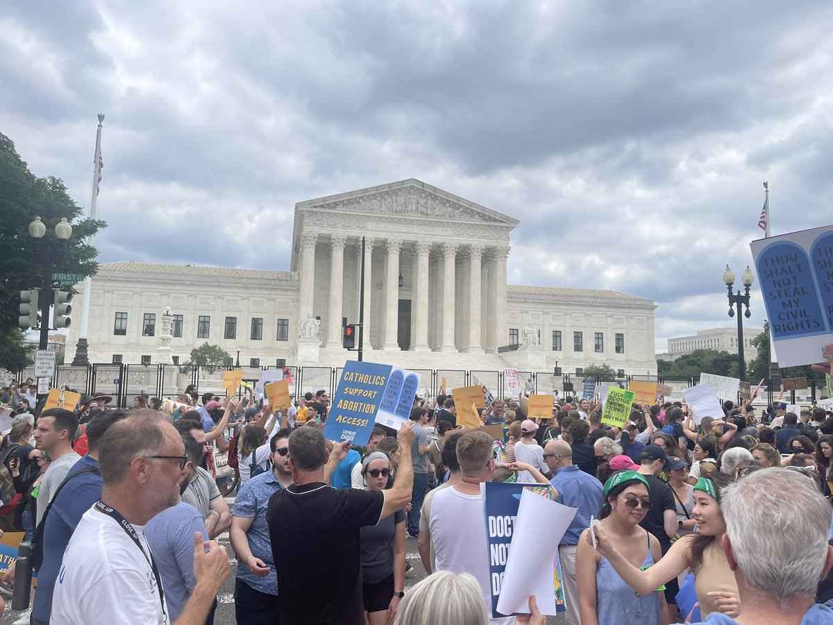 Crowds of protesters outside the Supreme Court building, after Roe v. Wade is overturned