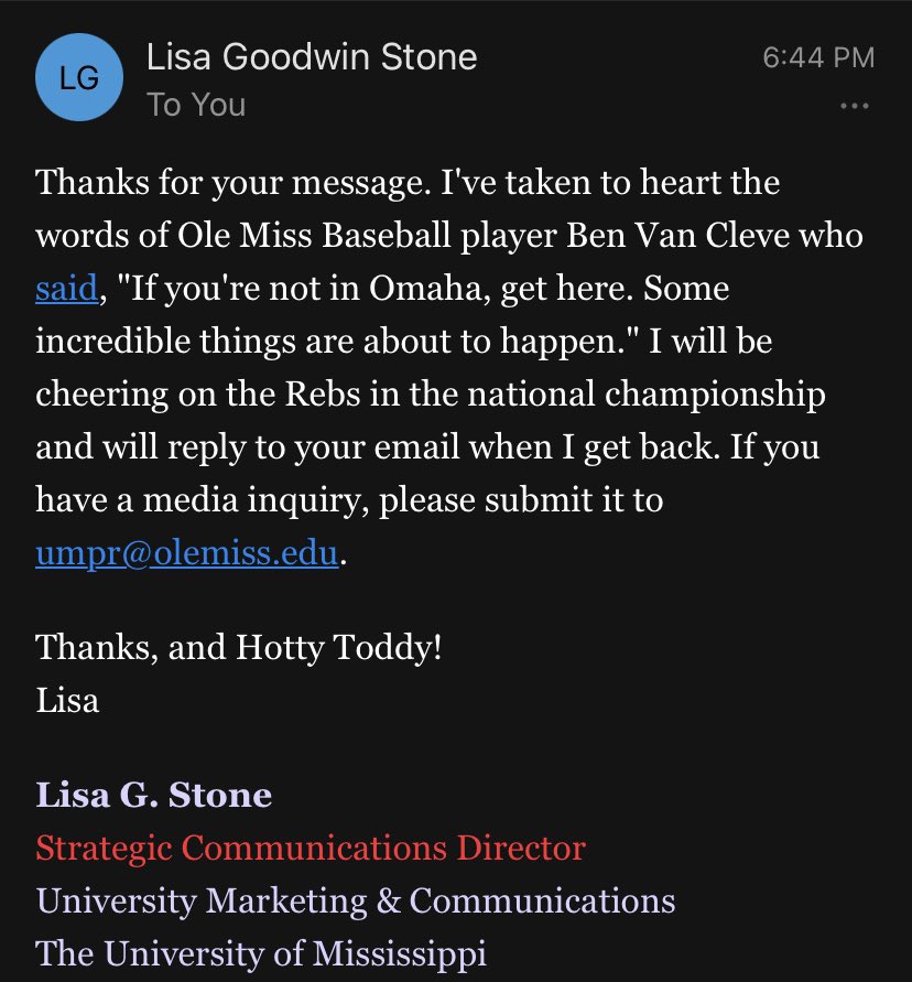 williamkneipOM's tweet image. .@stonefive wins employee of the month in my book! What a great out of office reply. Let’s all support @OleMissBSB on the road to a National Championship! 🔴🔵