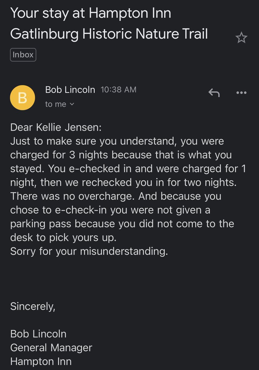 KelGrabert's tweet photo. @HamptonByHilton @HiltonHotels @HiltonHonors this is the response I received from the GM at one of your properties. https://t.co/tD9PX9lrCB