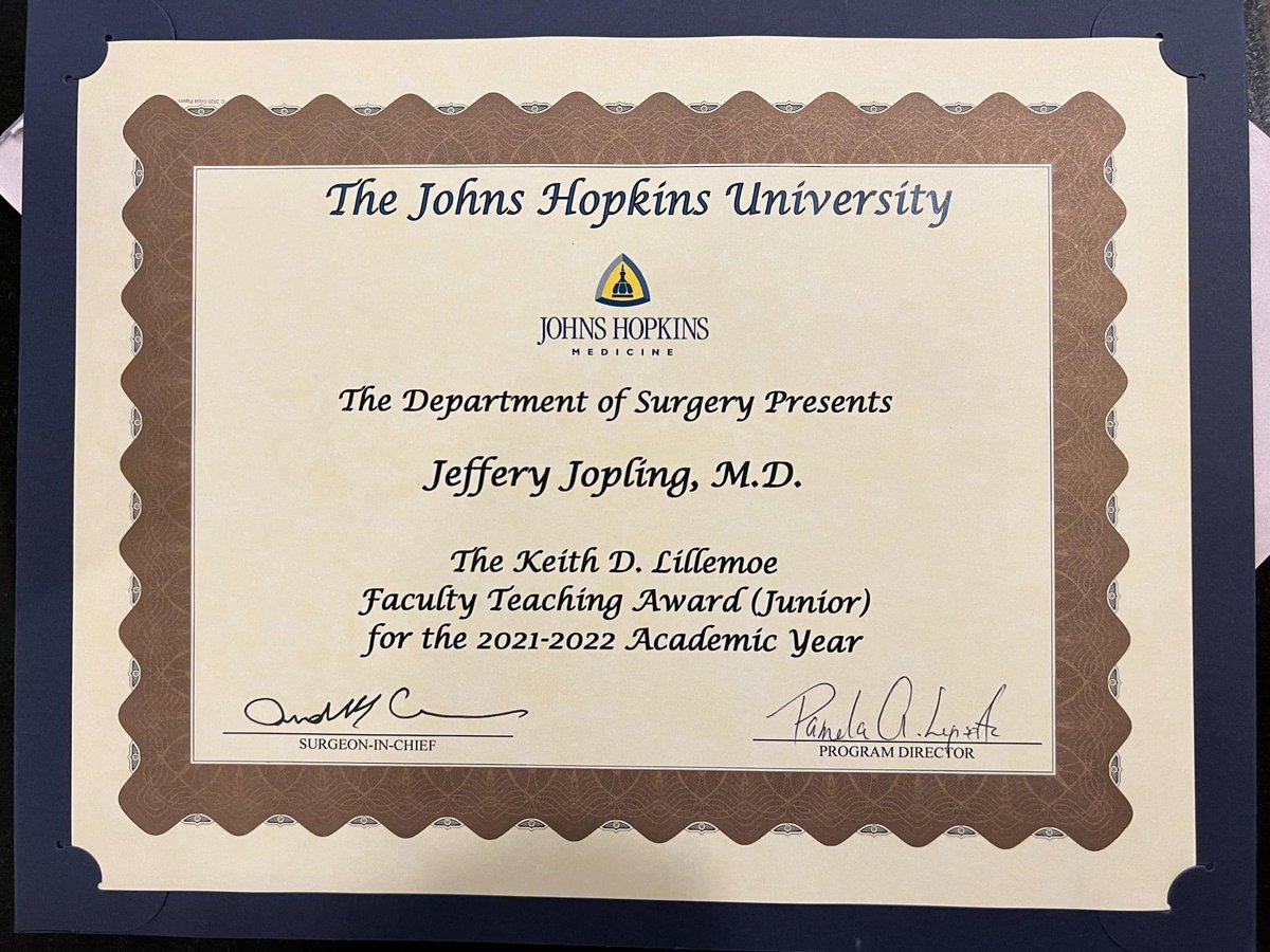 Elliott R Haut, MD, PhD (@elliotthaut) on Twitter photo Congrats to Jeff Jopling (<a href="/2Cut2Cure/">Jeff Jopling</a>) who won the <a href="/hopkinssurgery/">Hopkins Surgery</a> Kieth Lillemoe faculty teaching award selected by the junior Halsted #surgery residents. Glad to see my first-year #Trauma #AcuteCareSurgery partner getting the credit he deserves. #SurgMentoring Congrats to Jeff Jopling (<a href="/2Cut2Cure/">Jeff Jopling</a>) who won the <a href="/hopkinssurgery/">Hopkins Surgery</a> Kieth Lillemoe faculty teaching award selected by the junior Halsted #surgery residents. Glad to see my first-year #Trauma #AcuteCareSurgery partner getting the credit he deserves. #SurgMentoring