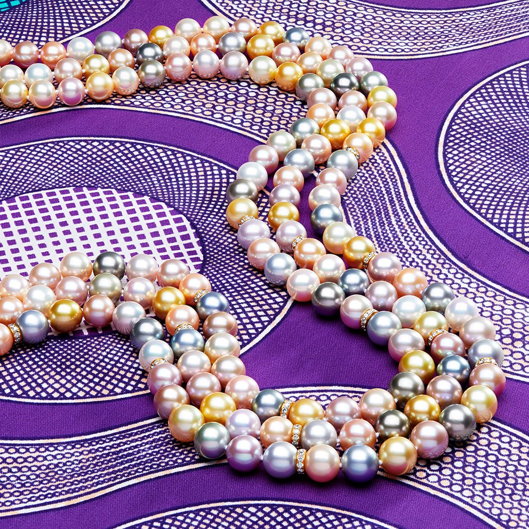 Freshwater cultured pearls occur in the widest range of natural colors of any pearl type. From white to silver to pink, yellow, apricot, lavender and more, the palette of pastels in this freshwater cultured pearl necklace is perfect for spring. Courtesy: Yoko London