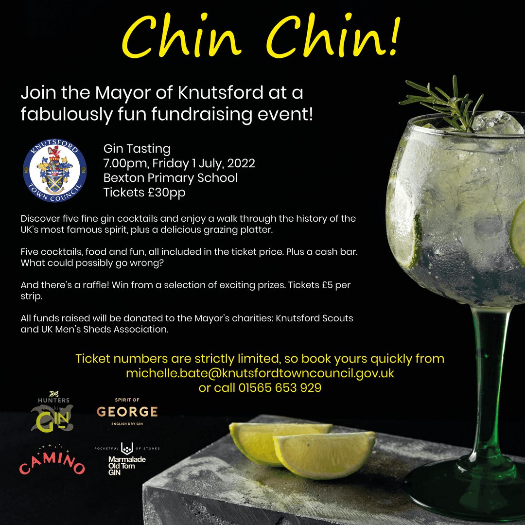 Join the Mayor to raise a glass and raise some funds for his chosen charities, <a href="/UKMensSheds/">UK Men’s Sheds Association</a> and @KnutsfordScouts 1 July, 7pm, Bexton Primary School. Just £30 for 5 gin cocktails and food, too! Book tickets with Michelle.Bate@knutsfordtowncouncil.gov.uk 
#gintasting #Knutsford