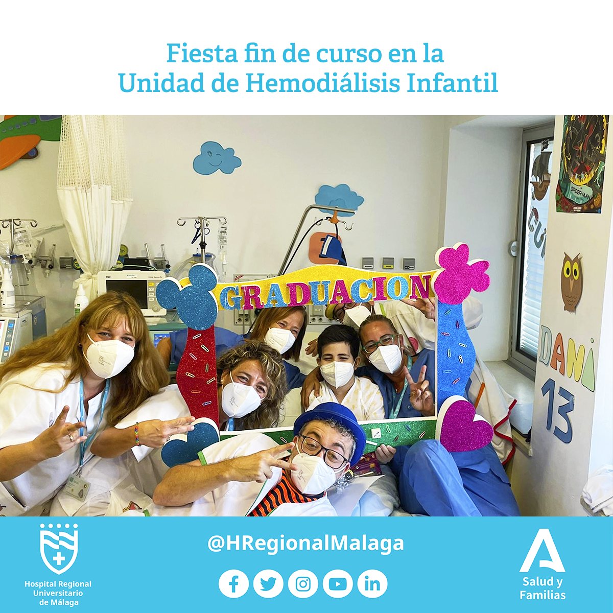 HRegionalMalaga's tweet photo. 🎓🎉🔚 También hemos celebrado la fiesta fin de curso en #Hemodiálisis de nuestro 🏥👩‍🏫 𝘏𝘰𝘴𝘱𝘪𝘵𝘢𝘭 𝘔𝘢𝘵𝘦𝘳𝘯𝘰 𝘐𝘯𝘧𝘢𝘯𝘵𝘪𝘭  junto a las maestras del Aula Hospitalaria y 
@asoc_acae🤡🎁  @HumanizAndal https://t.co/1vIxpXHmEO