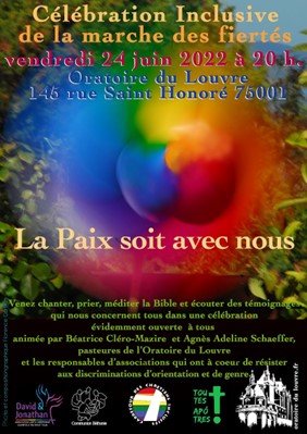 Ce soir, Toutes Apôtres s'associe dans la prière à ses adelphes LGBTQI+ et participe à la Célébration pré marche des fiertés qui se tient à 20h à l'oratoire du Louvre à Paris
En union de prière avec David et Jonathan, la Communion Béthanie, le Carrefour de Chrétiens Inclusifs