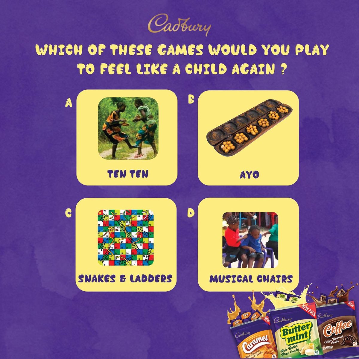 cadburycandies's tweet photo. Let’s run it back! If you get a chance to feel like a child again, which of these games will you be the undisputed champion in?
Let us know in the comments.
#LikeAChildAgain #CadburyCandies #Fungames https://t.co/pYPpXoyfGh