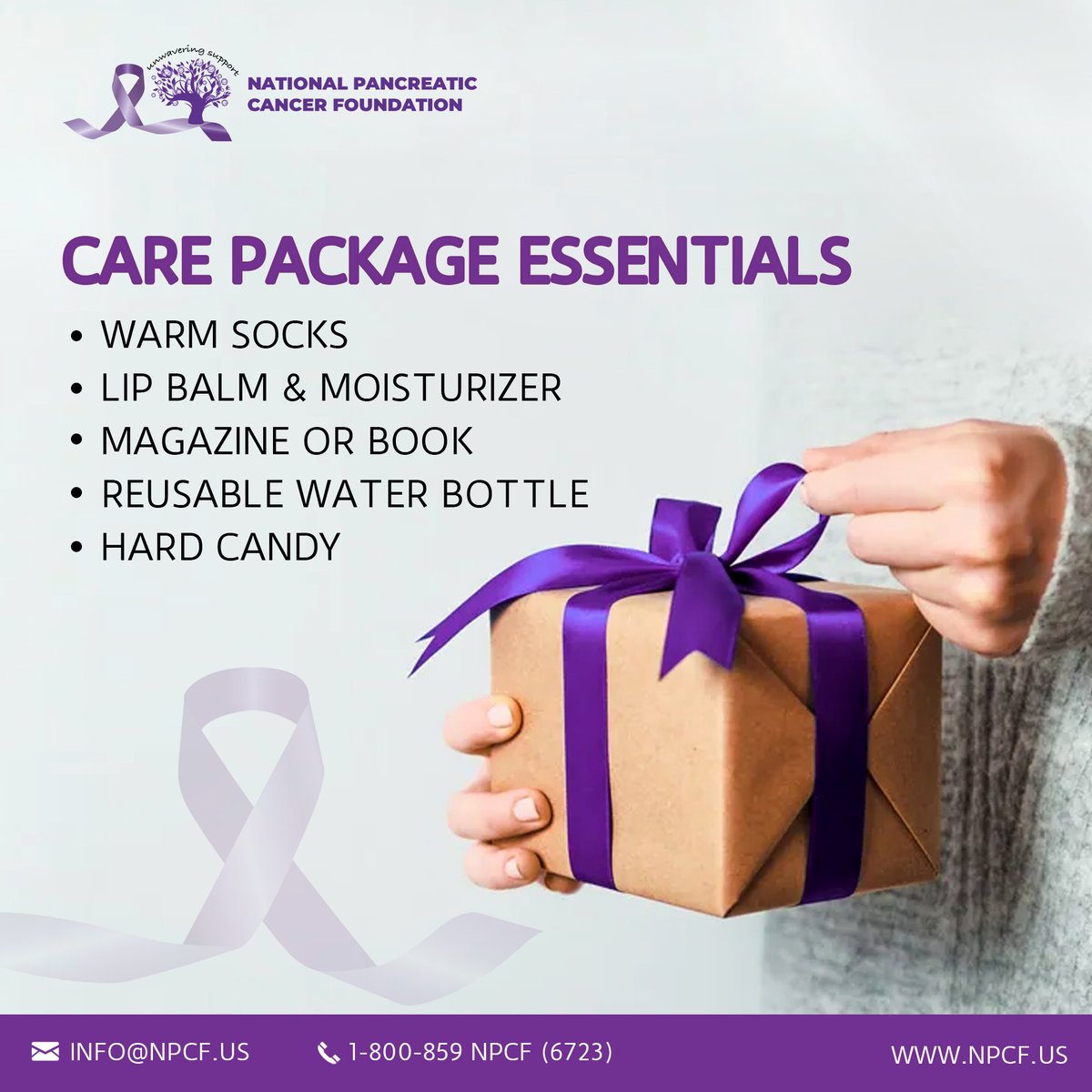 NationalPCF's tweet photo. Do you have any other suggestions as to what to include in a care package for someone undergoing pancreatic cancer treatment?💭 Let us know in the comments👇
#hope4pc #pancreaticcancer https://t.co/J42E9J4o4e