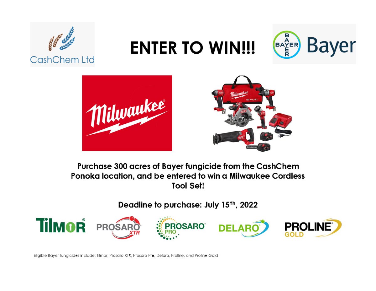 Maximize the potential of your crop while also entering to win a Milwaukee cordless tool set courtesy of <a href="/elbrockstar/">Erin McDougall</a> and <a href="/Bayer4CropsCA/">Crop Science Canada</a>! Every bushel counts this year, so be sure to protect your yield with high-quality fungicides #WestCdnAg #fungicide #spray2022