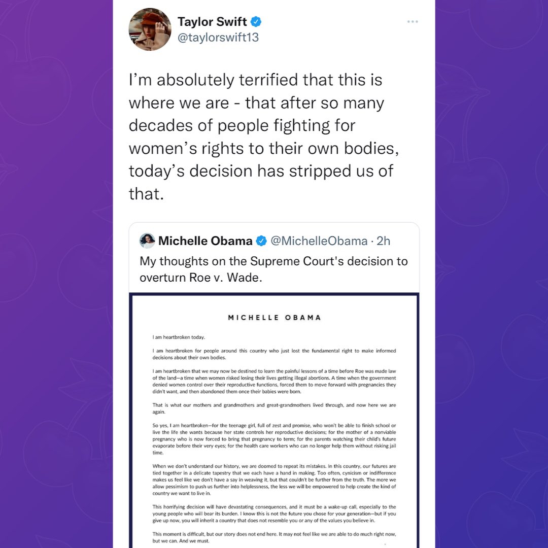 PopBase's tweet photo. Taylor Swift speaks on the overturning of Roe v. Wade:

“I’m absolutely terrified that this is where we are - that after so many decades of people fighting for women’s rights to their own bodies, today’s decision has stripped us of that.” https://t.co/oEMqwu0vTN