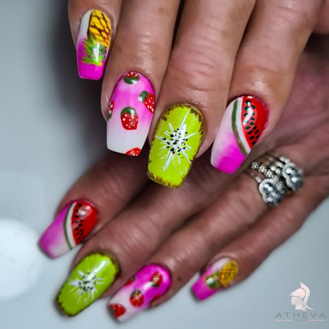 athevabeauty's tweet photo. Fruity nails for Chloe this week. - These were actually a design I did a couple of years ago in lockdown! Scroll wayyyyy back to compare. https://t.co/1cZHk69sKA