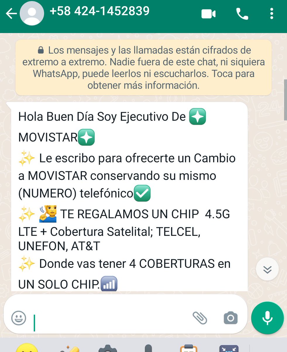 Todos los días, sin falta, alguien (o algo) me escribe para ofrecerme cambio de compañía. 
(Ya no sé si) por fortuna tengo línea <a href="/MovistarMX/">Movistar México</a> , pero si continúan moleatando, podría cambiarme a <a href="/Unefon/">Unefon</a>