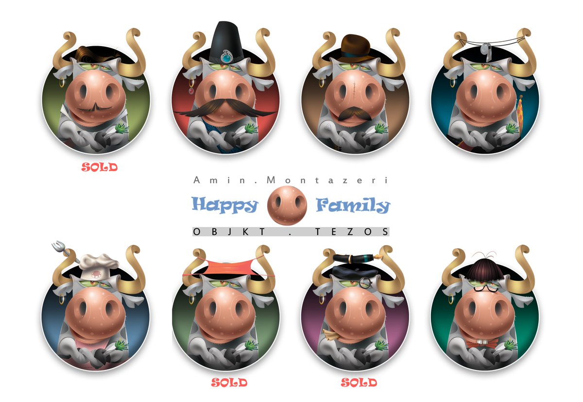 🐮Happy family🐮
You will get acquainted with this happy group. Characters who are each kind of happy &amp; happpy &amp; happppy
🔸objkt.com/collection/KT1…
                                       ...
#nftart #pfpNFT #CleanNFT #objktnft #Tez #NFTcollections