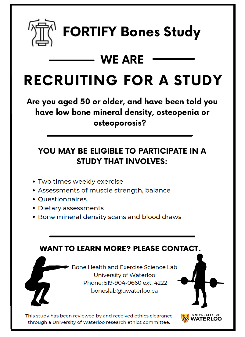 Are you aged 50 or over and have low bone mineral density, osteopenia or osteoporosis? You may be eligible to participate in a 12-month exercise study. COVID-19 vaccination required. 
*Waterloo site is officially open for recruitment!  Requires attendance in person (not virtual)