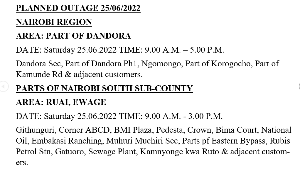 KenyaPower_Care's tweet photo. Good evening,
The following areas will be affected by scheduled power interruptions to carry out network maintenance tomorrow 25/06/2022 ^LS https://t.co/WCYYWc5LuG