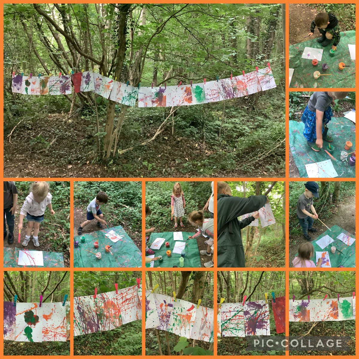 Bumble Bee class were enthralled while creating action paintings inspired by Jackson Pollock! We dribbled, flicked and splattered the paint making lines & spots. We loved getting messy, even Miss Mace got covered from head to toe in colourful paint! #EYFS #ART #outdoorlearning