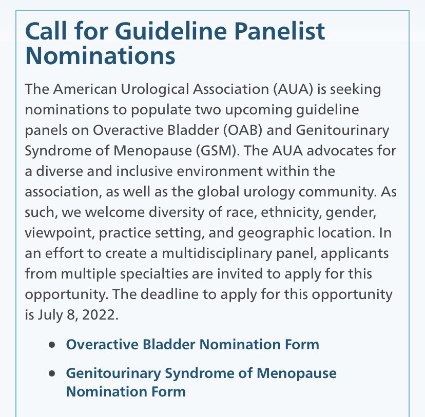 Great opportunity to get involved w/ @AmerUrological guidelines process Applications being accepted until July 8 for #OAB & #GSM panels 

bit.ly/3Olw6mV 

#CUA22 #CUA2022 #AUA22 #AUA2022 @sufuorg @SWIUorg @FPMRS @rfrankjones_uro @Uroweb @icsoffice @iugaoffice