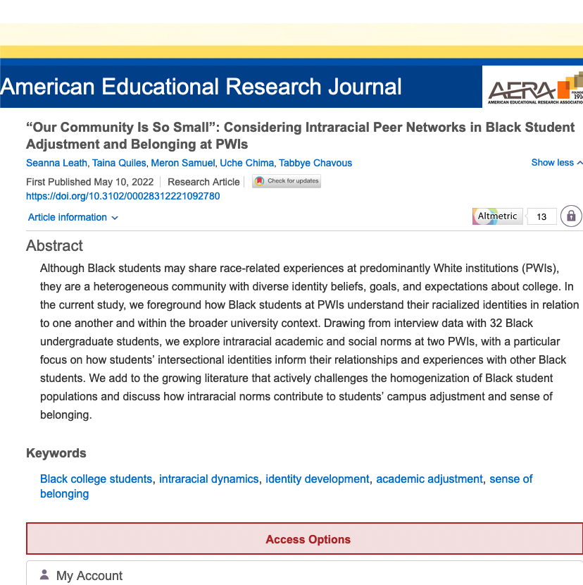 Youth_Nex's tweet photo. NEW #RESEARCH ALERT: Affiliate @SeannaLeathPhD, #GradStudent @QuilesTaina & colleague #publish new work on "Our #Community Is So Small: Considering #Intraracial #PeerNetworks in #BlackStudent #Adjustment & #Belonging at #PWIs.β More β> https://t.co/ppMCo52bJN? https://t.co/wi3a4YvEk9