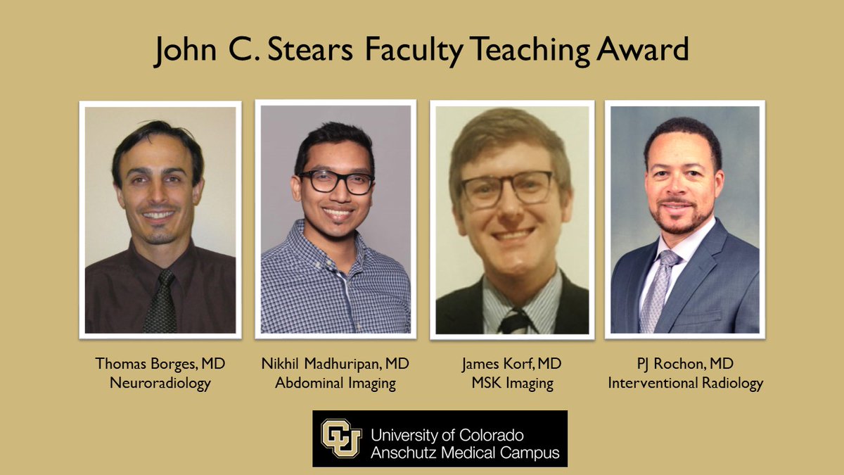 Celebrating our Faculty Teaching awardees: 

Drs. Thomas Borges, Nikhil Madhuripan, James Korf and PJ Rochon. 

👏Congratulations on this 4-way tie!!!

<a href="/James_Korf/">James Korf</a> <a href="/madhuripan/">Nikhil Madhuripan</a> <a href="/pj_rochon/">PJ Rochon</a> <a href="/curadresidents/">CU Radiology Residents</a> <a href="/IrColorado/">University of Colorado VIR</a> <a href="/PedsRadsColo/">CU Pediatric Radiology</a> <a href="/CUMedicalSchool/">CU School of Medicine</a> <a href="/CUAnschutz/">CU Anschutz Medical Campus</a> <a href="/cu_msk/">CU MSK Radiology</a> <a href="/CUneurorad/">CU Neuroradiology</a>