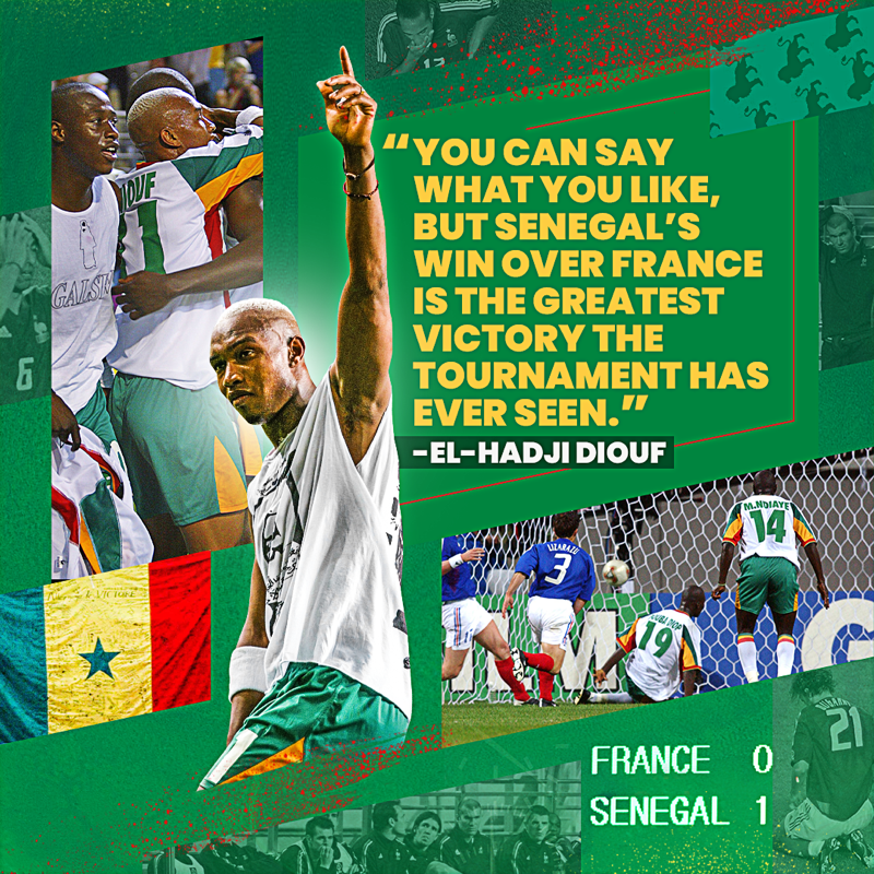FIFAWorldCup's tweet photo. El Hadji Diouf looks back to #KoreaJapan02 when the Lions of Teranga pulled off one of the greatest upsets in World Cup History 🇸🇳