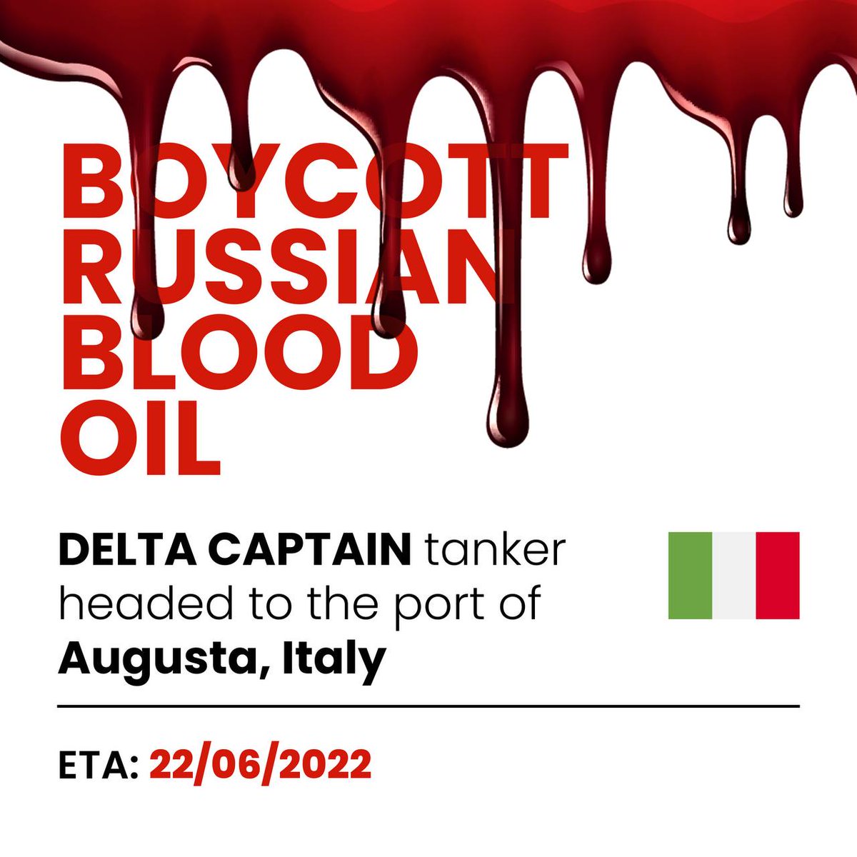 ValenTi20179462's tweet photo. ❗The "Delta Captain" tanker with russian oil is headed for the port of Augusta. It's millions of dollars. Buying Russian oil is sponsoring the killing of civilians in Ukraine!
Please, stop russia❗#stopwarinukraine
#stoprussia #EmbargorussianOil #banrussianOil #Boycottrussia https://t.co/snmXPy3RXs