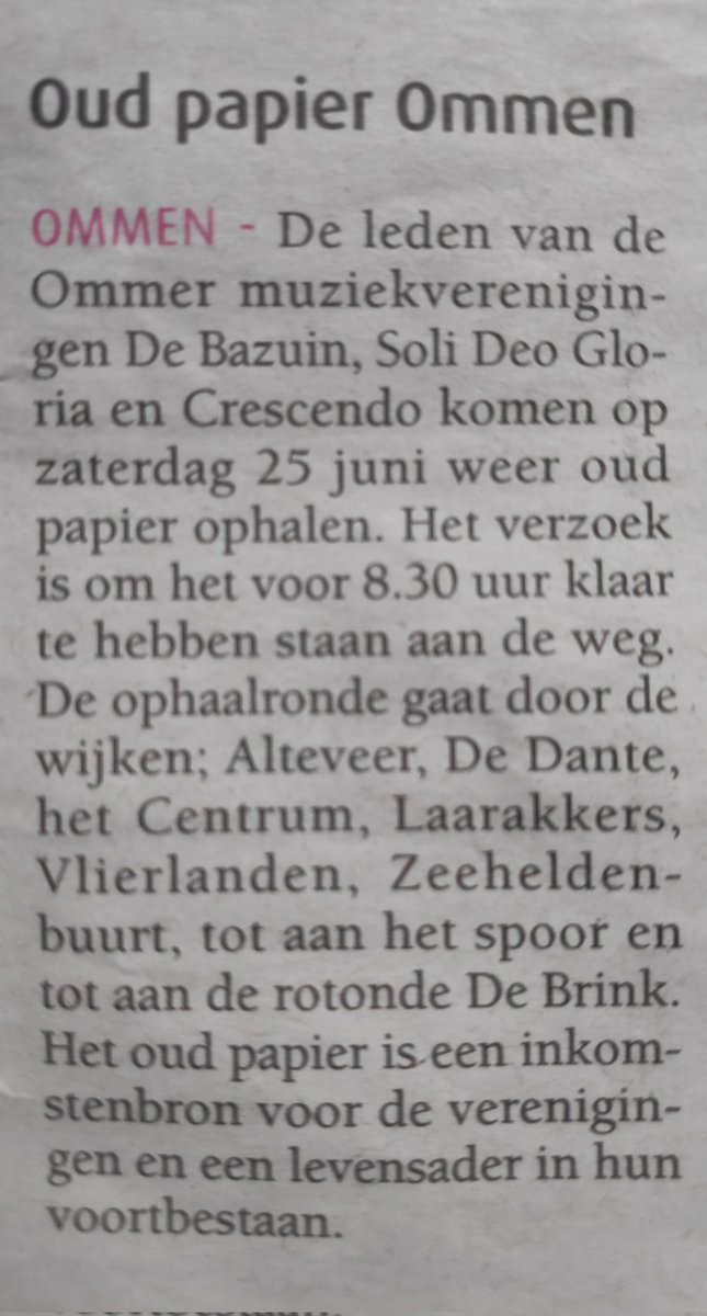 Oud papier hier!

Morgen komen vanaf 08.30 uur <a href="/sdgOmmen/">SDG Ommen</a>, <a href="/DeBazuinOmmen/">DeBazuinOmmen</a> en <a href="/CrescendoOmmen/">Crescendo-Ommen</a> uw oud papier en karton komen ophalen in de bebouwde kom van Ommen (behalve in de Strangen en ten zuiden van de spoorlijn).

#OudPapier #recycle #SteunDeMuziekverenigingen