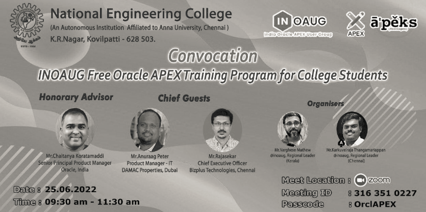 varghese0905's tweet photo. INOAUG Oracle APEX   Convocation ceremony 
#orclapex
#oracleAPEXIndia
#oracleAPEXAPAC
#inoaug
Learn, Share, and Collaborate! https://t.co/S7zImO6CRM