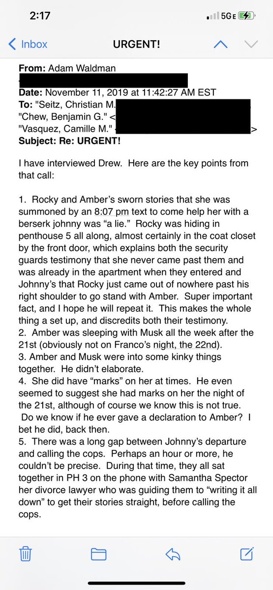 SuperDopeJax's tweet photo. Here is the email from Adam to Brown Rudnick. It summarizes his phone call with Josh Drew who admits Raquel was lying in wait in the closet for the ambush of Johnny. https://t.co/H6Tm61xuec