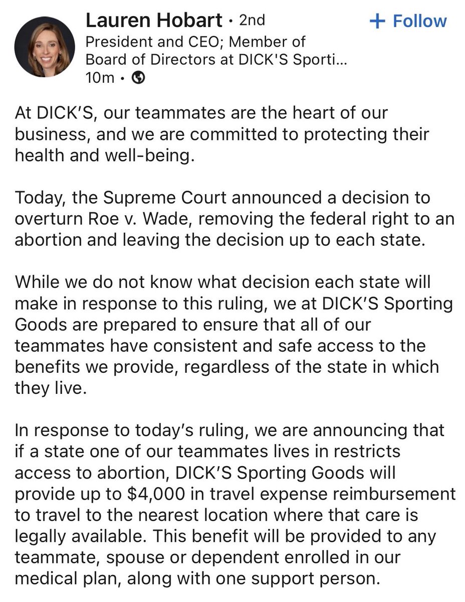 FOS's tweet photo. Dick's Sporting Goods CEO Lauren Hobart has announced that the company will reimburse up to $4,000 for employee travel to receive care if their state restricts abortion. https://t.co/5MKKjTiFSJ