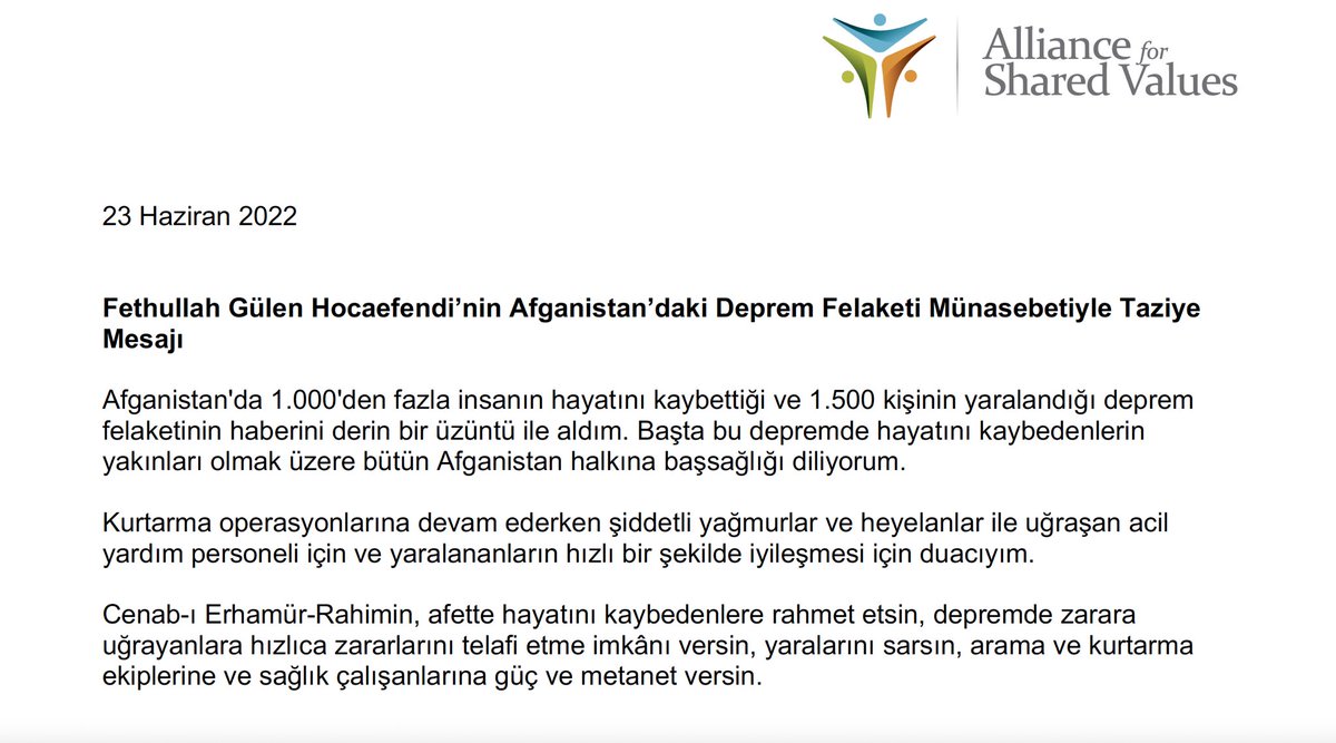 Muhterem Fethullah Gülen Hocaefendi’nin Afghanistan’daki Deprem Felaketi Münasebetiyle Taziye Mesajı : afsv.org/fethullah-gule…